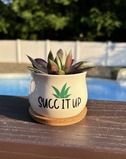 Succ It Up | White Ceramic Succulent Pot with Tray | Aloe Cactus Planter | Plant Lover