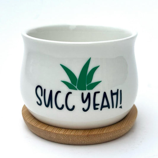 White Ceramic Succulent Pot with Tray | Succ Yeah! | Aloe Cactus Planter | Plant Lover