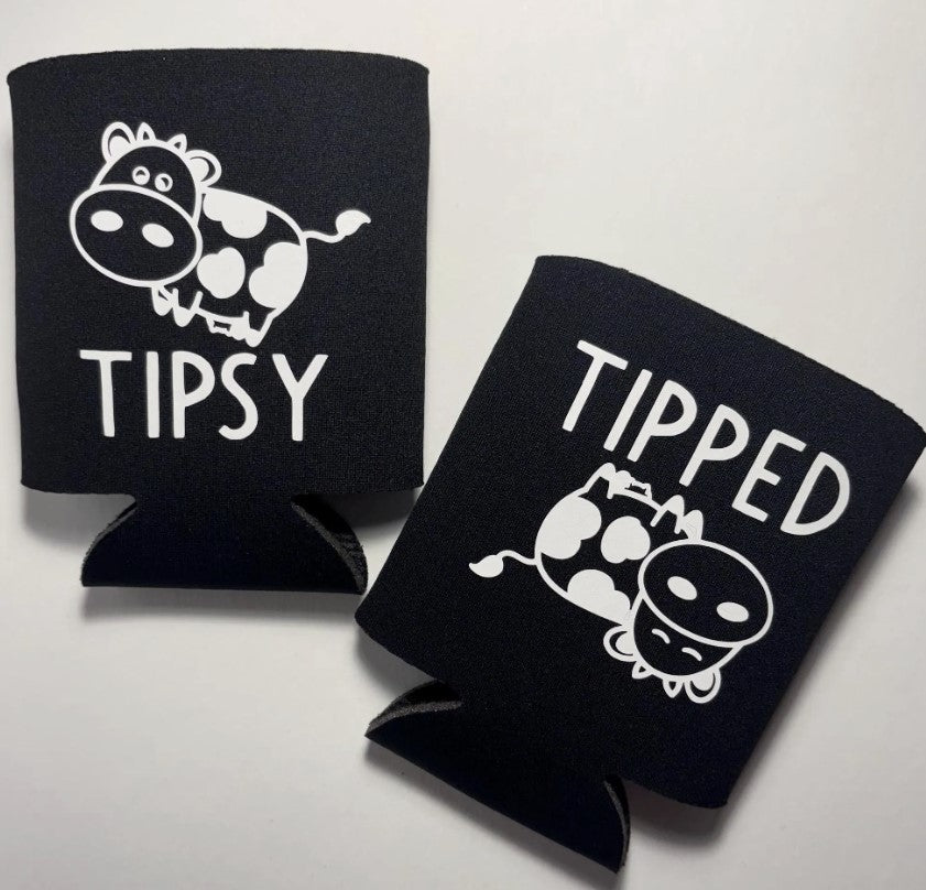 Tipped & Tipsy Cow Koozie Set | Beer Can Cooler | Cow Gift | Beverage Chiller | Coozi