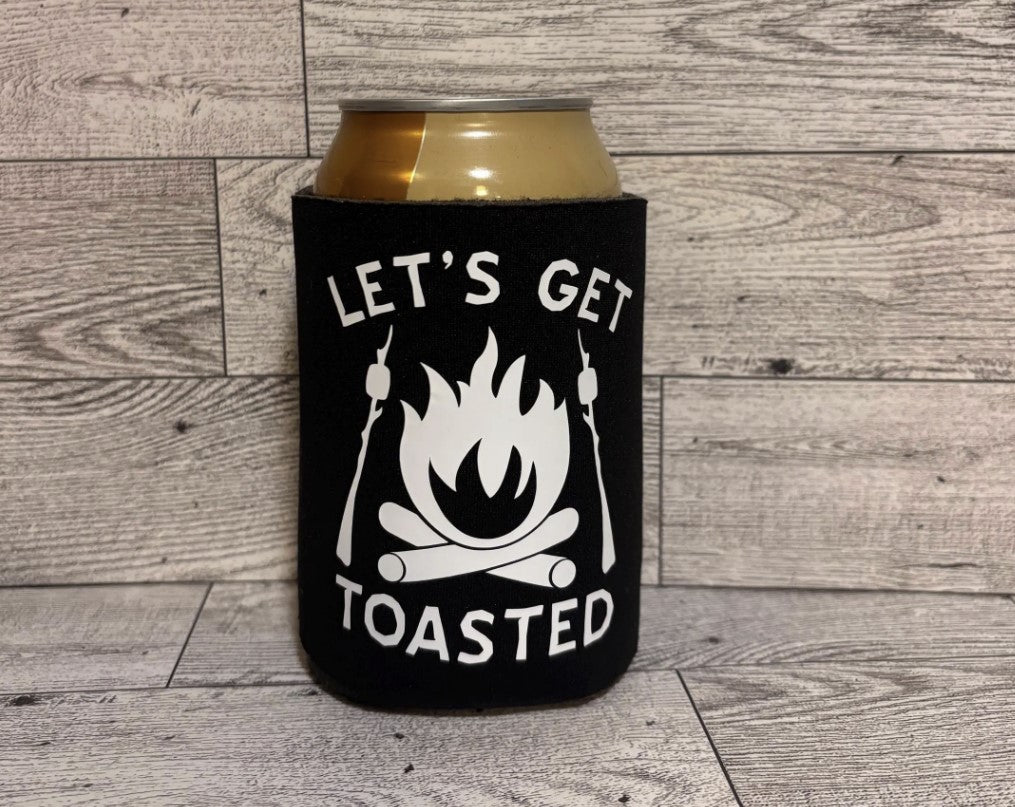 Koozie - "Let's Get Toasted" with Fire and Marshmallows - Fun Drink Holder for Campfires