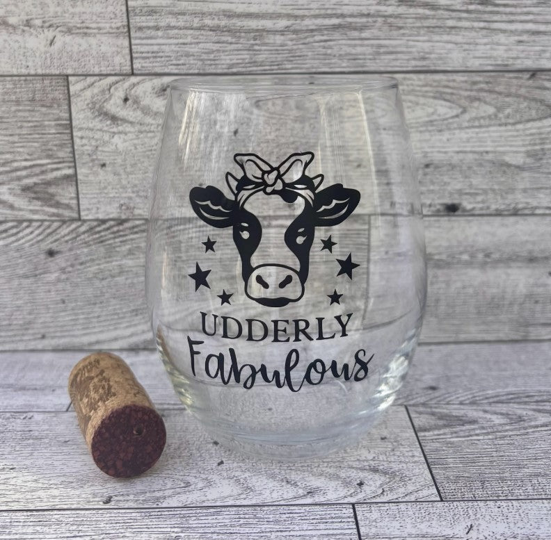 Udderly Fabulous Stemless Wine Glass | Pretty Cow with Bow | 15 oz