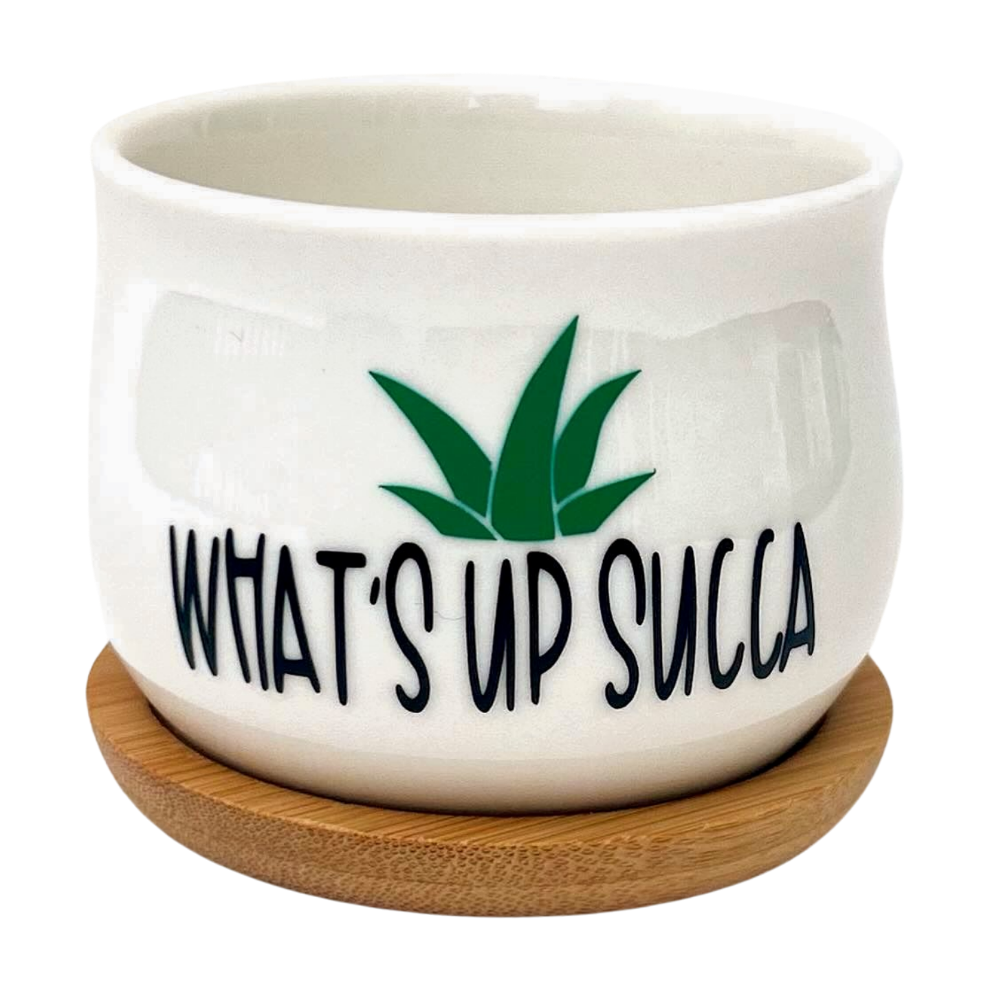 White Ceramic Succulent Pot with Tray | What's Up Succa | Aloe Cactus Planter | Plant Lover