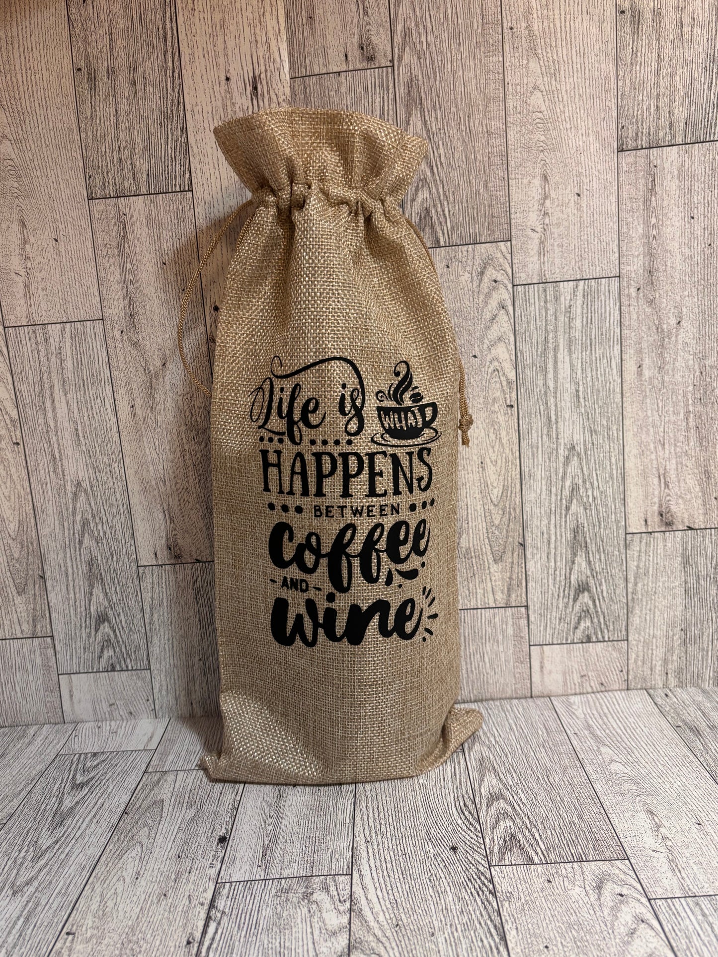 Burlap Wine Bag - "Life Is What Happens Between Coffee and Wine" - Funny Gift for Coffee and Wine Lovers